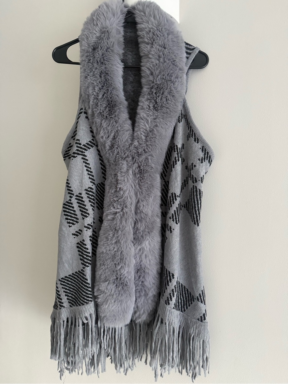 Gray Faux Fur Trimmed Fringe Vest - Women Accessories